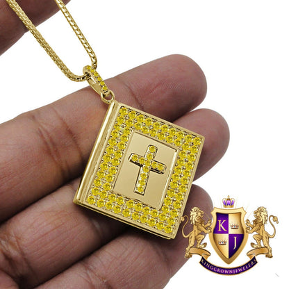 Canary Gold Real Sterling Silver Simulated Diamonds Religious Bible Book Cross Charm Pendent Chain Set