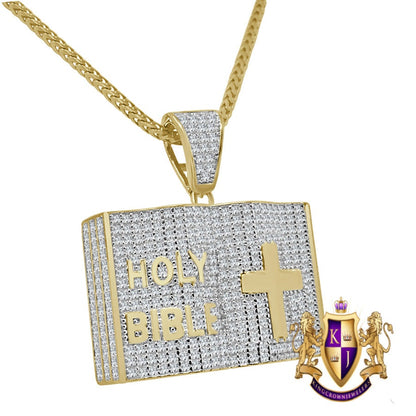 Genuine Italian Sterling Silver Holy Open Bible Book Jesus Cross Pendant Diamond Charm + Chain