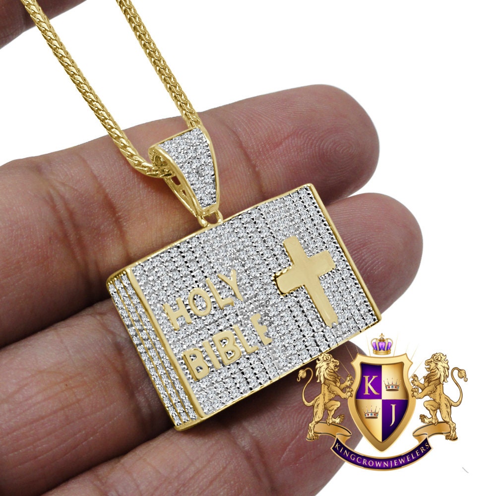 Genuine Italian Sterling Silver Holy Open Bible Book Jesus Cross Pendant Diamond Charm + Chain