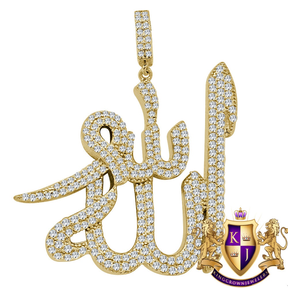 17+ Grams Real Genuine Italian Sterling Silver 14K Gold Over 2.25 Cwt. Simulated Diamond Allah Muslim Islamic Arabic Pendant Charm 1.90''