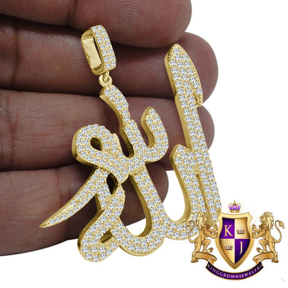 17+ Grams Real Genuine Italian Sterling Silver 14K Gold Over 2.25 Cwt. Simulated Diamond Allah Muslim Islamic Arabic Pendant Charm 1.90''
