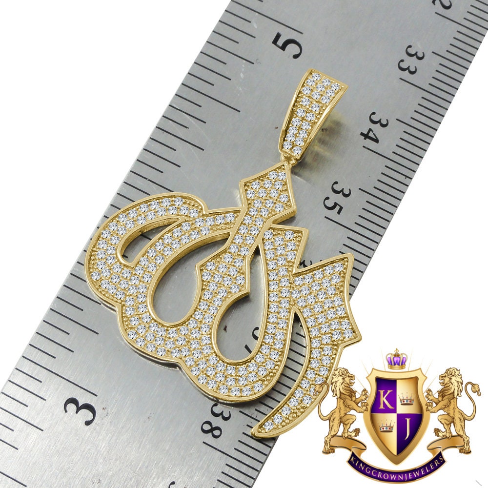 Genuine Authentic Sterling Silver 14K Gold Finish Simulated Diamond Allah God Muslim Islamic Arabic Pendant Chain Neckless Set Small 1.50''