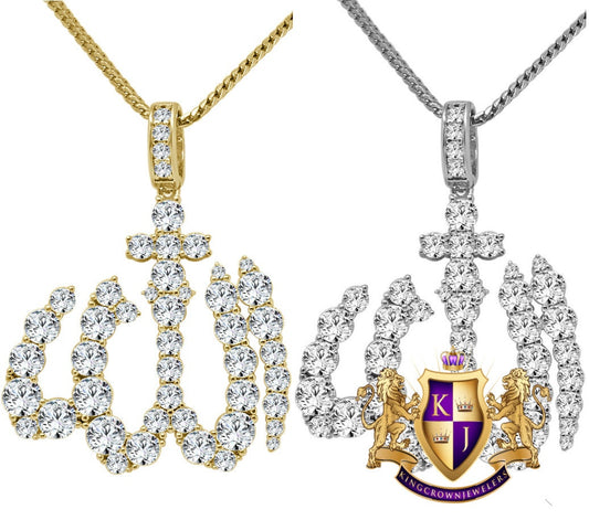 18+ Grams Solitaire Real Genuine Sterling Silver 2.00 Ct. Simulated Diamond Allah Muslim God Islamic Unisex Pendant Charm Chain Neckless Set