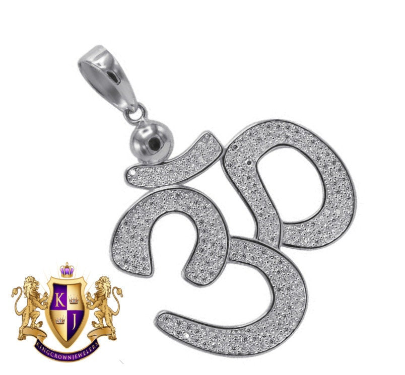 14K White Gold Over Real Sterling Silver Hindu Symbol OM Pendant Simu Diamond Pave Charm 1.85''