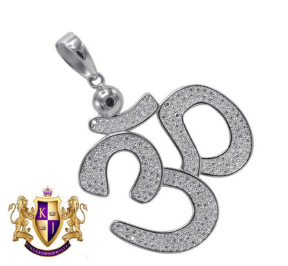 14K White Gold Over Real Sterling Silver Hindu Symbol OM Pendant Simu Diamond Pave Charm 1.85''