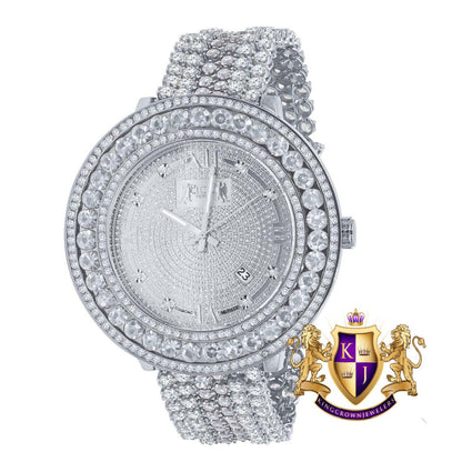 Mens Iced Out Watch W/Date Roman Face Solid Steel 18K White Gold Tone Custom Band Solitaire Bezel