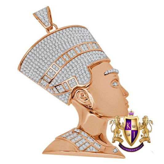 10K Rose Gold On Real Sterling Silver Egyptian Queen Pharaoh Nefertiti Lab Diamond Pendant Big XL 3.5''