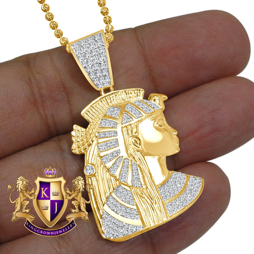 Real Sterling Silver 16+ Grams 1.25 Cwt. Simulated Diamond Egyptian Queen Nefertiti Pharaoh Mummy Charm 14k Gold On Pendant Chain Set 1.75''