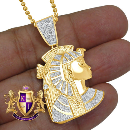 Real Sterling Silver 16+ Grams 1.25 Cwt. Simulated Diamond Egyptian Queen Nefertiti Pharaoh Mummy Charm 14k Gold On Pendant Chain Set 1.75''