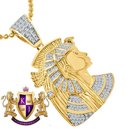 Real Sterling Silver 16+ Grams 1.25 Cwt. Simulated Diamond Egyptian Queen Nefertiti Pharaoh Mummy Charm 14k Gold On Pendant Chain Set 1.75''