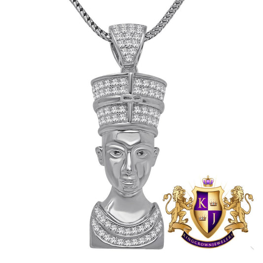 14K White  Gold On Sterling Silver Simulated Diamonds Egyptian Pharaoh Nefertiti Cleopatra Pendant Charm  Chain Set