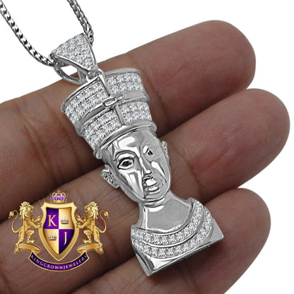 14K White  Gold On Sterling Silver Simulated Diamonds Egyptian Pharaoh Nefertiti Cleopatra Pendant Charm  Chain Set