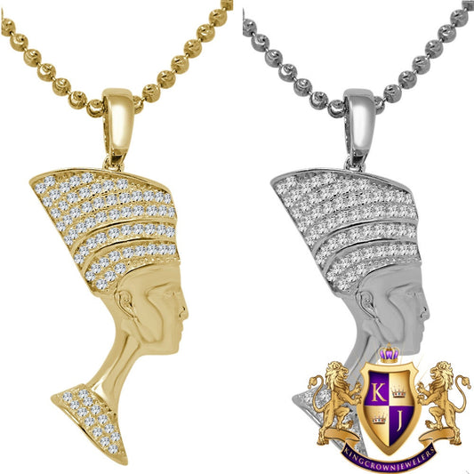 14K Gold On Real Italian Sterling Silver Egyptian Queen Nefertiti Mini Pendent Pave Charm + Chain