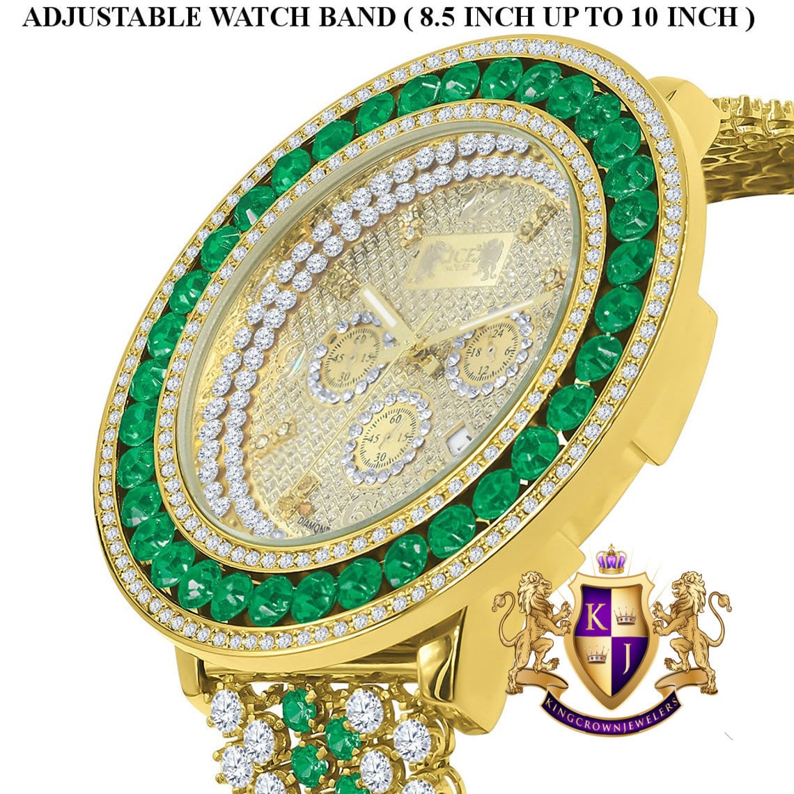 Emerald Green 18K Yellow Gold Finish Real Diamond Face Iced Out Bezel & Band Mens Custom Watch W/Date Function