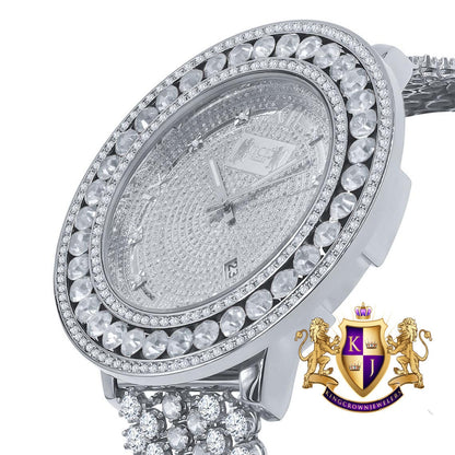 Mens Iced Out Watch W/Date Roman Face Solid Steel 18K White Gold Tone Custom Band Solitaire Bezel