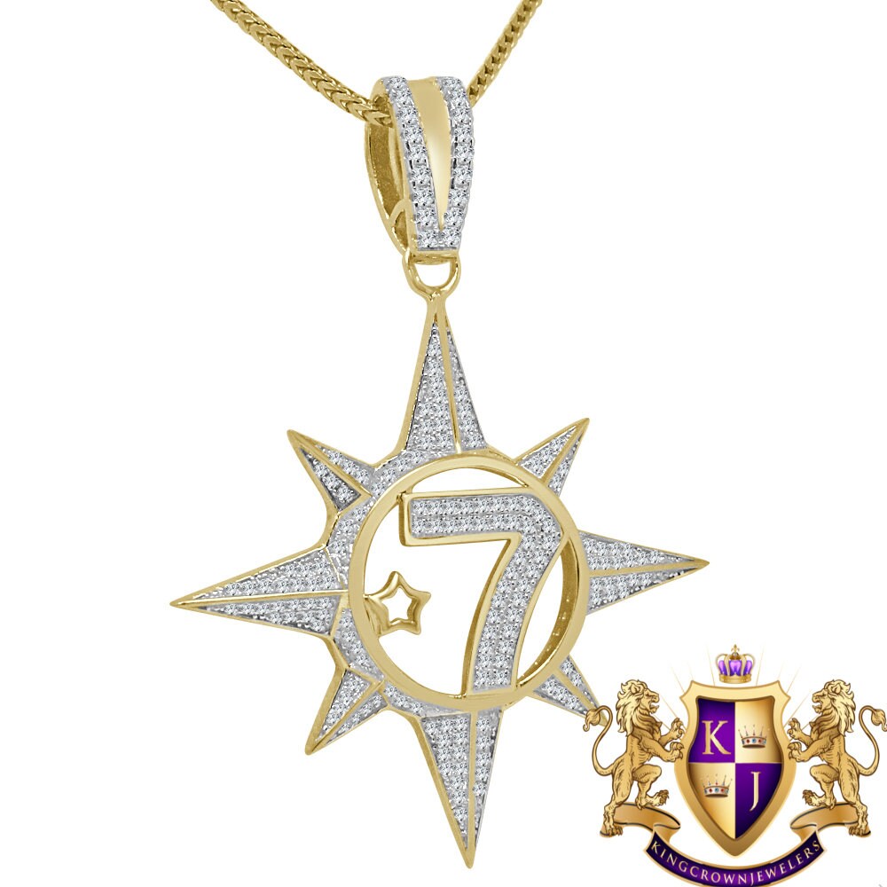 Real Genuine Sterling Silver Five Percenter 2.00 Cwt. Simulated Diamond 14K Gold On Allah Five-Percent Nation Pendant Muslim Charm Chain Set