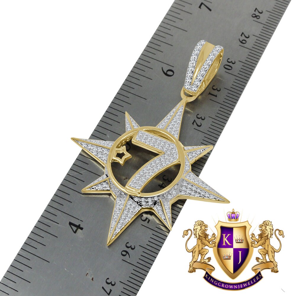 Real Genuine Sterling Silver Five Percenter 2.00 Cwt. Simulated Diamond 14K Gold On Allah Five-Percent Nation Pendant Muslim Charm Chain Set