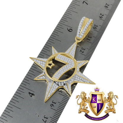 Real Genuine Sterling Silver Five Percenter 2.00 Cwt. Simulated Diamond 14K Gold On Allah Five-Percent Nation Pendant Muslim Charm Chain Set