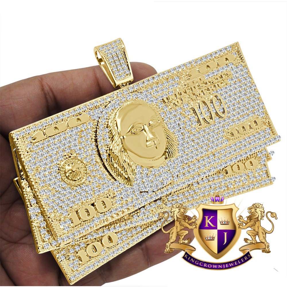 194 + Grams Mens Huge XL Jumbo 14k Yellow Gold Over Simulated Diamond Dollar Bills Stacks Money Cash Exclusive Custom Pendent Charm
