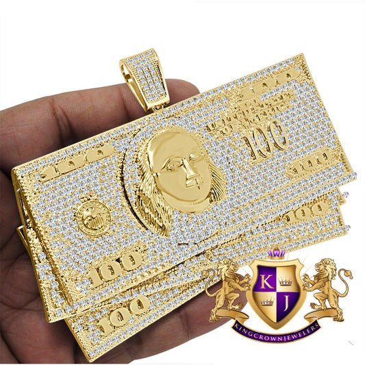 194 + Grams Mens Huge XL Jumbo 14k Yellow Gold Over Simulated Diamond Dollar Bills Stacks Money Cash Exclusive Custom Pendent Charm