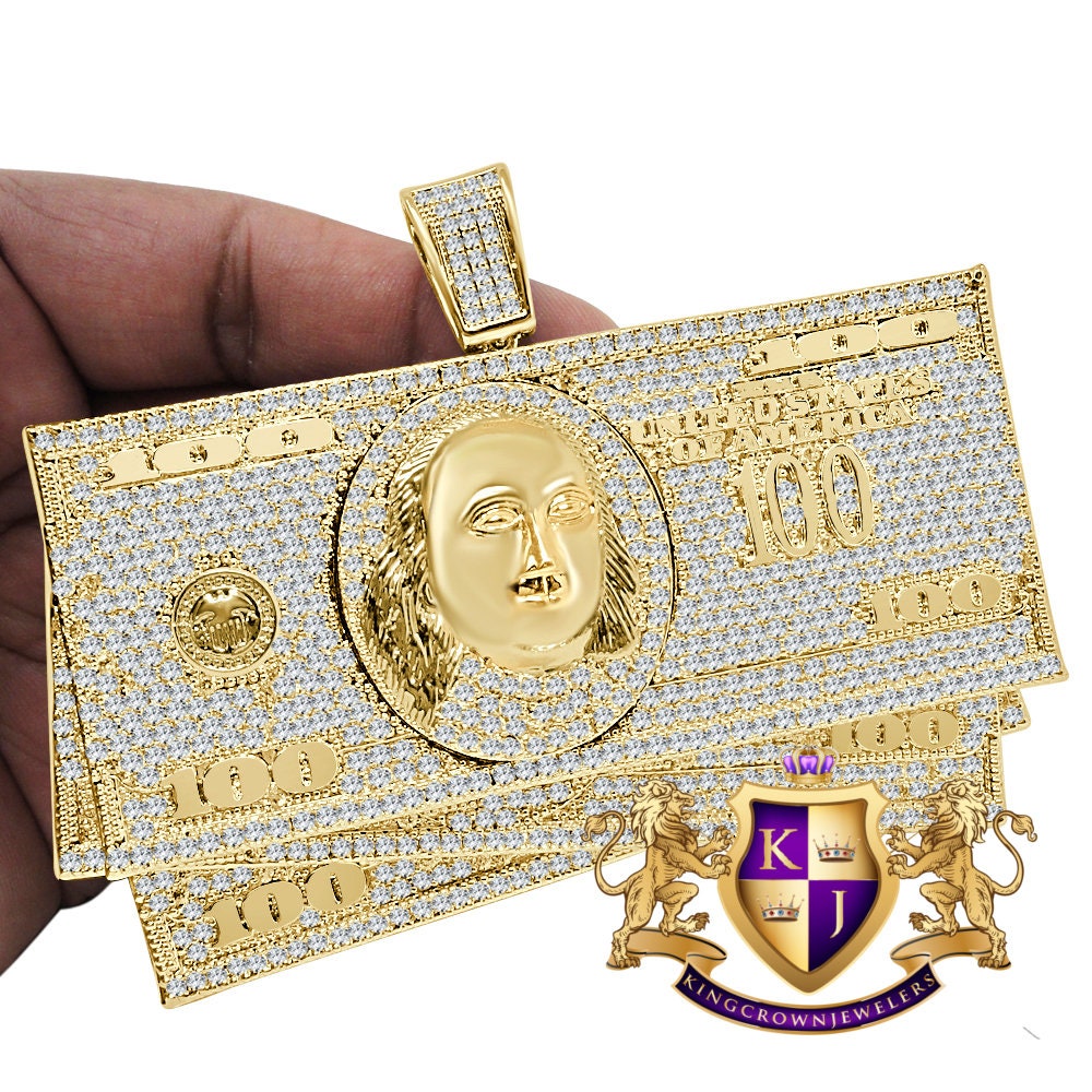 194 + Grams Mens Huge XL Jumbo 14k Yellow Gold Over Simulated Diamond Dollar Bills Stacks Money Cash Exclusive Custom Pendent Charm
