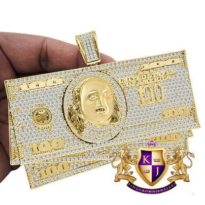 194 + Grams Mens Huge XL Jumbo 14k Yellow Gold Over Simulated Diamond Dollar Bills Stacks Money Cash Exclusive Custom Pendent Charm