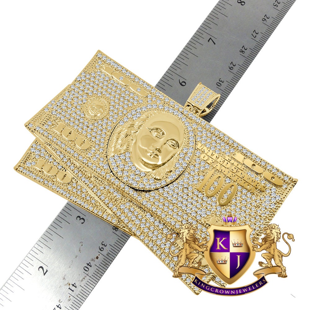 194 + Grams Mens Huge XL Jumbo 14k Yellow Gold Over Simulated Diamond Dollar Bills Stacks Money Cash Exclusive Custom Pendent Charm
