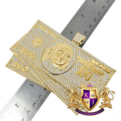 194 + Grams Mens Huge XL Jumbo 14k Yellow Gold Over Simulated Diamond Dollar Bills Stacks Money Cash Exclusive Custom Pendent Charm