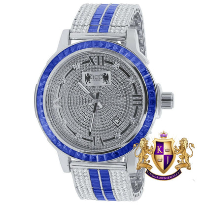 Real Diamond Dial Sapphire Blue White Gold Tone Mens Watch W/Date Adjustable Custom Band Stainless Steel Baguette Bezel