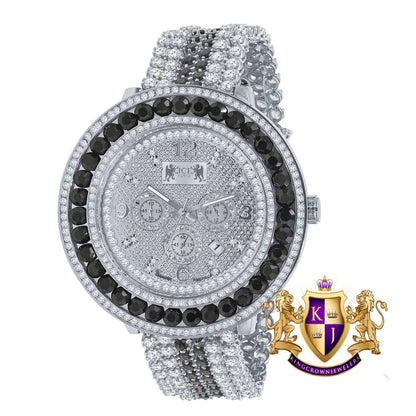 Mens 18K White Gold Finish Stainless Steel Back W/Date Watch Real Diamond Dial Black Solitaire Iced Out