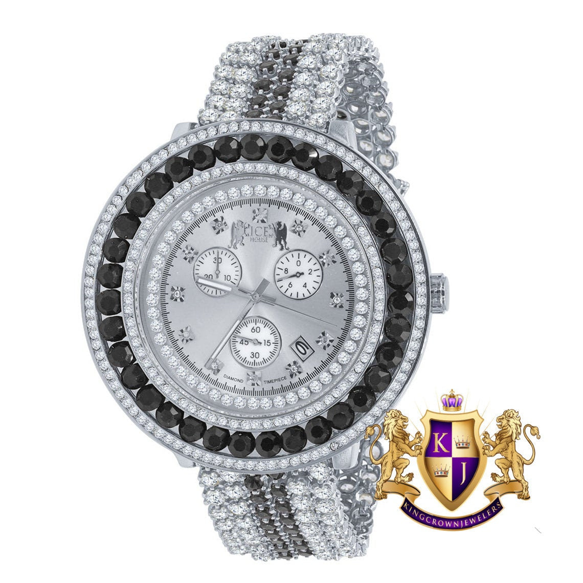 Big XL 60mm Custom Watch White Gold Finish Real Diamond Dial Onyx Black Bezel & Band Stainless Steel Back W/Date