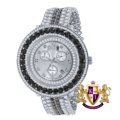 Big XL 60mm Custom Watch White Gold Finish Real Diamond Dial Onyx Black Bezel & Band Stainless Steel Back W/Date