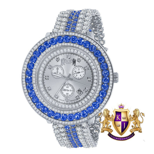 18k White Gold Finish Custom Watch Real Diamond Dial Blue Bezel & Band Stainless Steel Back XL 60mm  W/Date