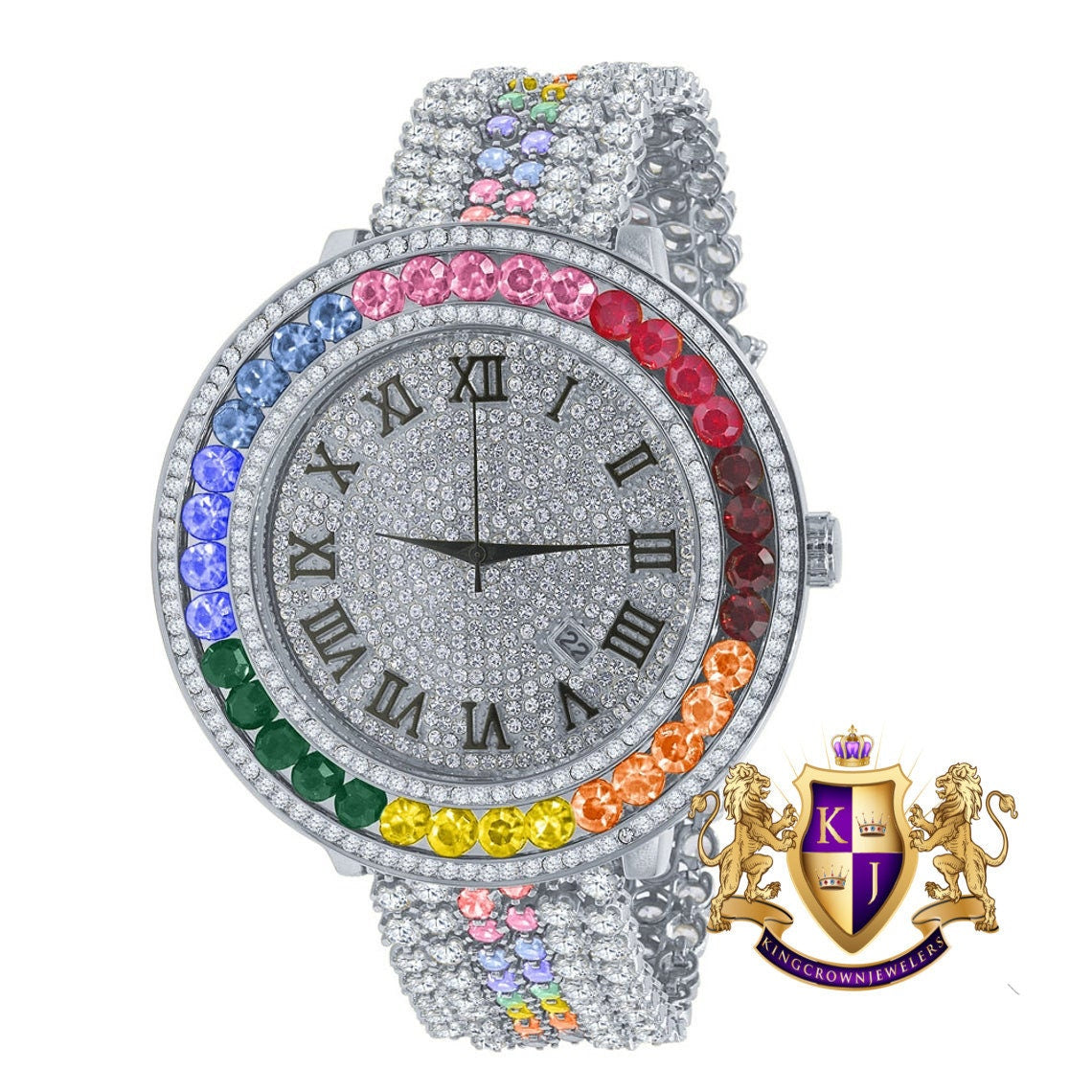 Multi Rainbow Solitaire Bezel Roman numeral Dial White Gold Finish Simulated Diamond Custom Mens Watch W/Date