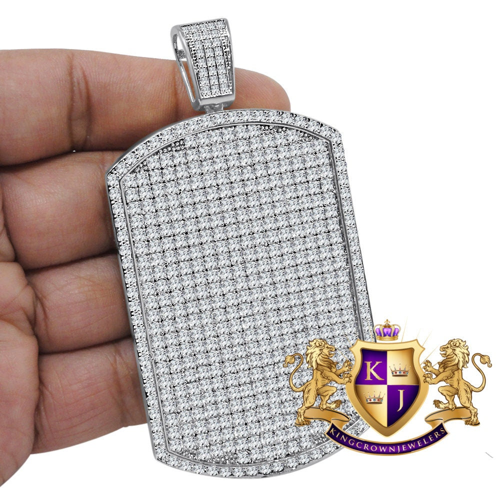 Mens Big Jumbo XL 3.75'' 14K White Gold Finish Simulated Diamond Dog Tag Custom Charm Pendent