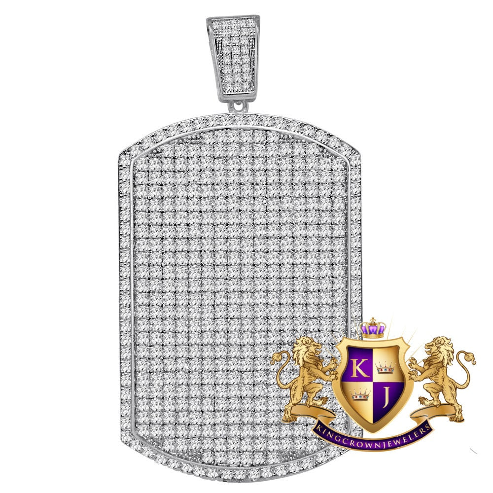 Mens Big Jumbo XL 3.75'' 14K White Gold Finish Simulated Diamond Dog Tag Custom Charm Pendent