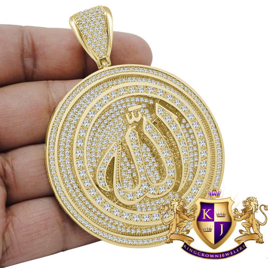 64+ Grams Mens Big XL 3.25'' 14K Yellow Gold Finish Simulated Diamond Allah God Muslim Islamic Arabic Custom Pendent Charm Round Medallion