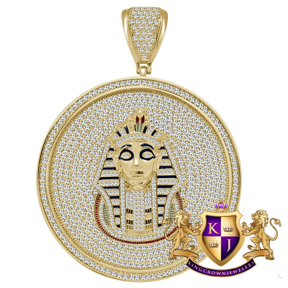 Mens XL 3.25'' 14K Yellow Gold Finish Simulated Diamond Egyptian Pharaoh King Tut Pendent Charm