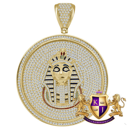 Mens XL 3.25'' 14K Yellow Gold Finish Simulated Diamond Egyptian Pharaoh King Tut Pendent Charm