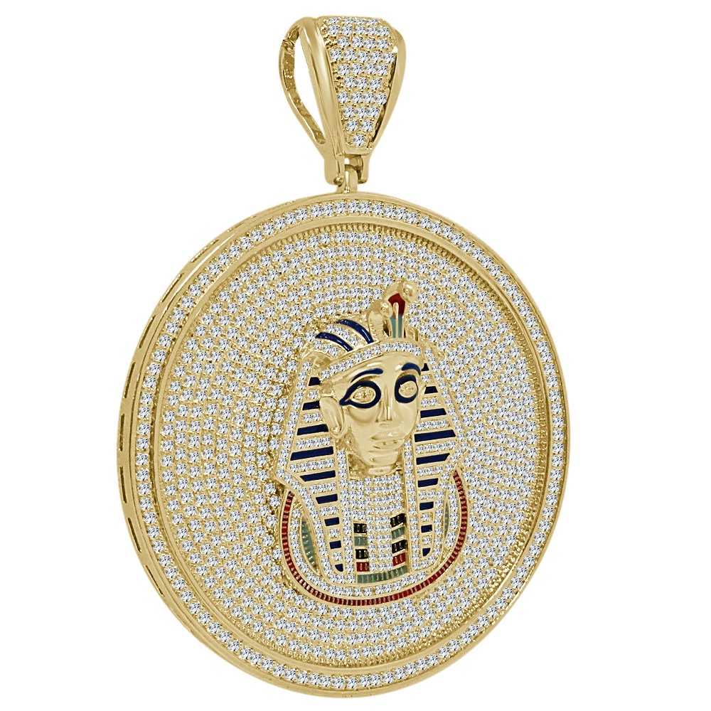 Mens XL 3.25'' 14K Yellow Gold Finish Simulated Diamond Egyptian Pharaoh King Tut Pendent Charm