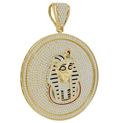Mens XL 3.25'' 14K Yellow Gold Finish Simulated Diamond Egyptian Pharaoh King Tut Pendent Charm