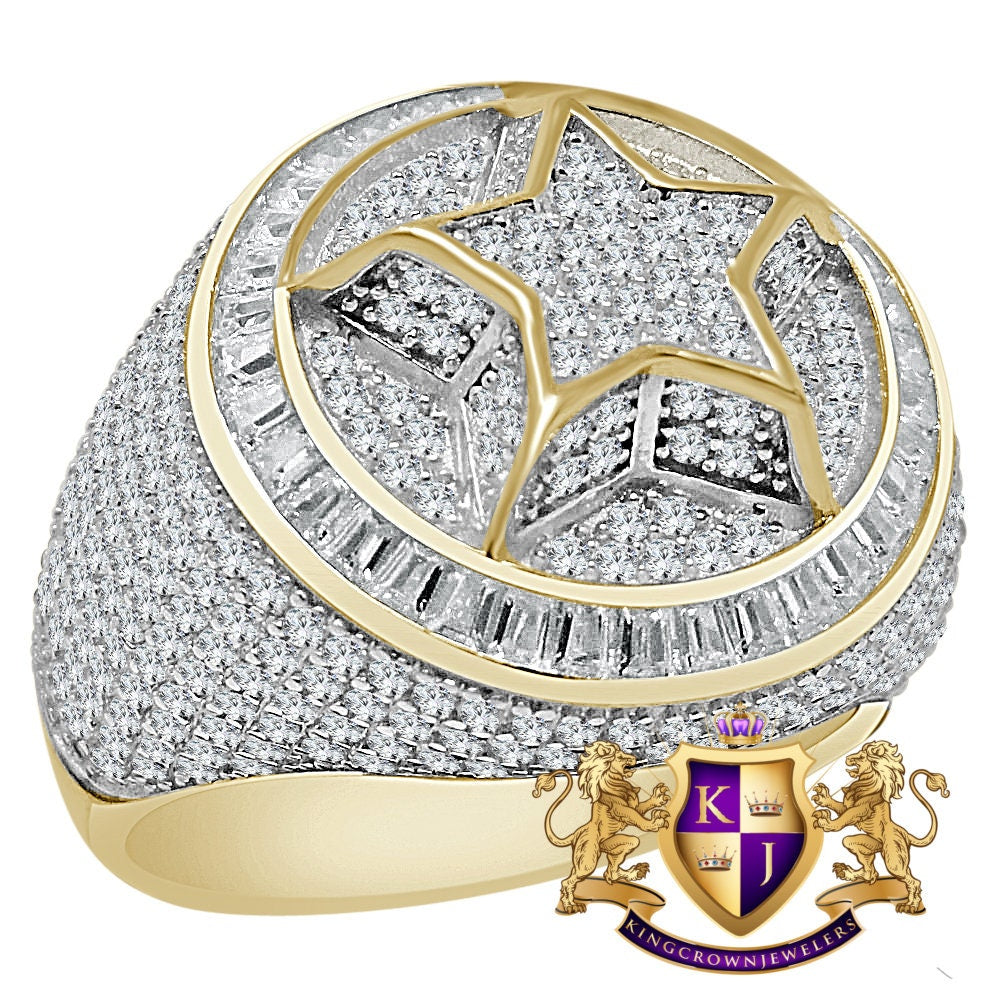 Mens 10K Yellow Gold On Real Genuine Sterling Silver Simulated Diamond Star Shape Ring Band