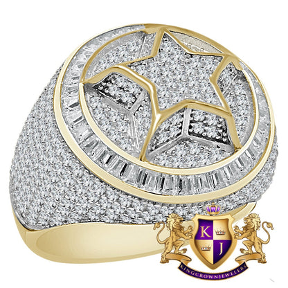 Mens 10K Yellow Gold On Real Genuine Sterling Silver Simulated Diamond Star Shape Ring Band