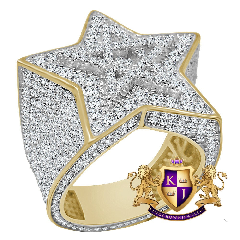 Big Bold Real Yellow Gold Sterling Silver Simulated Diamond Star Shape Mens Ring Band