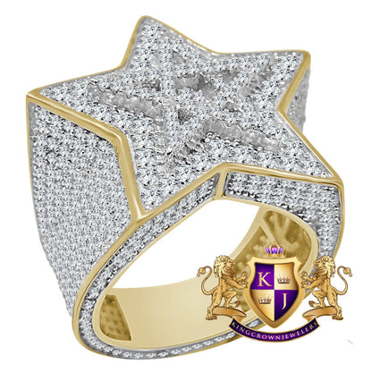 Big Bold Real Yellow Gold Sterling Silver Simulated Diamond Star Shape Mens Ring Band