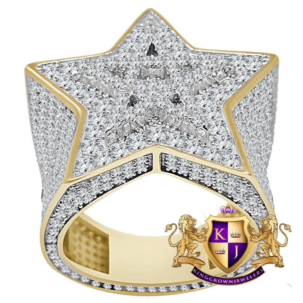 Big Bold Real Yellow Gold Sterling Silver Simulated Diamond Star Shape Mens Ring Band