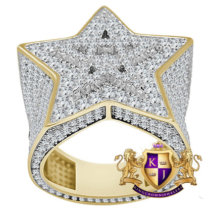 Big Bold Real Yellow Gold Sterling Silver Simulated Diamond Star Shape Mens Ring Band