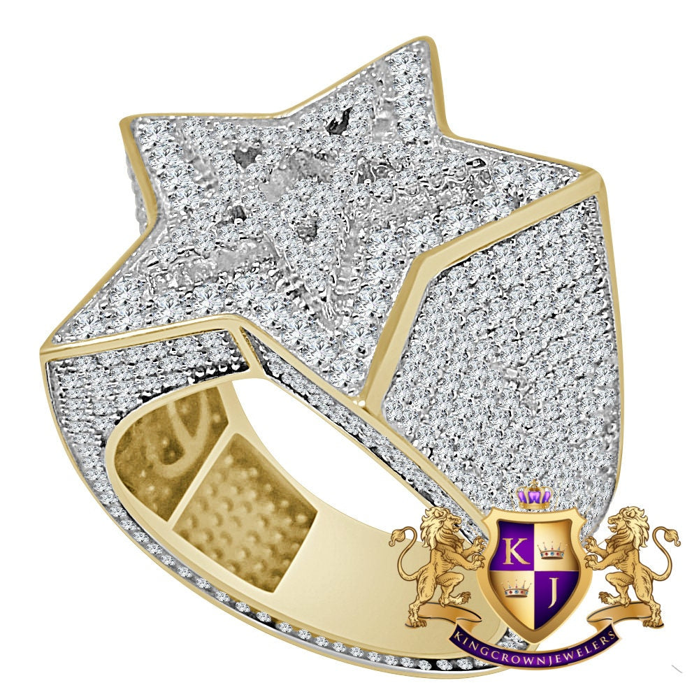Big Bold Real Yellow Gold Sterling Silver Simulated Diamond Star Shape Mens Ring Band