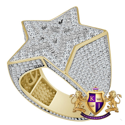Big Bold Real Yellow Gold Sterling Silver Simulated Diamond Star Shape Mens Ring Band