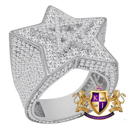 Big Bold Real White Gold Over Sterling Silver Simulated Diamond Star Shape Mens Ring Band